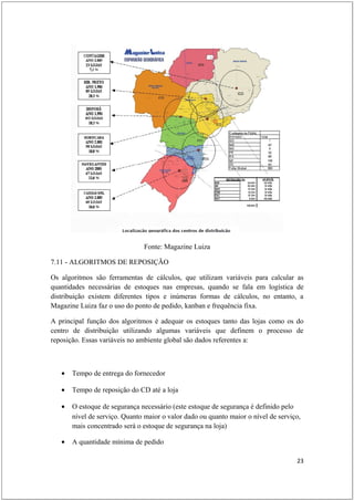 Fonte: Magazine Luiza

7.11 - ALGORITMOS DE REPOSIÇÃO

Os algoritmos são ferramentas de cálculos, que utilizam variáveis para calcular as
quantidades necessárias de estoques nas empresas, quando se fala em logística de
distribuição existem diferentes tipos e inúmeras formas de cálculos, no entanto, a
Magazine Luiza faz o uso do ponto de pedido, kanban e frequência fixa.

A principal função dos algoritmos é adequar os estoques tanto das lojas como os do
centro de distribuição utilizando algumas variáveis que definem o processo de
reposição. Essas variáveis no ambiente global são dados referentes a:



   •   Tempo de entrega do fornecedor

   •   Tempo de reposição do CD até a loja

   •   O estoque de segurança necessário (este estoque de segurança é definido pelo
       nível de serviço. Quanto maior o valor dado ou quanto maior o nível de serviço,
       mais concentrado será o estoque de segurança na loja)

   •   A quantidade mínima de pedido

                                                                                    23
 