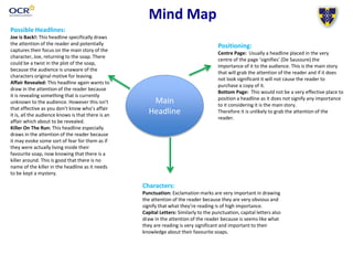 Mind Map
Possible Headlines:
Joe is Back!: This headline specifically draws
the attention of the reader and potentially
captures their focus on the main story of the
character, Joe, returning to the soap. There
could be a twist in the plot of the soap,
because the audience is unaware of the
characters original motive for leaving.
Affair Revealed: This headline again wants to
draw in the attention of the reader because
it is revealing something that is currently
unknown to the audience. However this isn’t
that effective as you don’t know who’s affair
it is, all the audience knows is that there is an
affair which about to be revealed.
Killer On The Run: This headline especially
draws in the attention of the reader because
it may evoke some sort of fear for them as if
they were actually living inside their
favourite soap, now knowing that there is a
killer around. This is good that there is no
name of the killer in the headline as it needs
to be kept a mystery.
Main
Headline
Characters:
Punctuation: Exclamation marks are very important in drawing
the attention of the reader because they are very obvious and
signify that what they’re reading is of high importance.
Capital Letters: Similarly to the punctuation, capital letters also
draw in the attention of the reader because is seems like what
they are reading is very significant and important to their
knowledge about their favourite soaps.
Positioning:
Centre Page: Usually a headline placed in the very
centre of the page ‘signifies’ (De Saussure) the
importance of it to the audience. This is the main story
that will grab the attention of the reader and if it does
not look significant it will not cause the reader to
purchase a copy of it.
Bottom Page: This would not be a very effective place to
position a headline as it does not signify any importance
to it considering it is the main story.
Therefore it is unlikely to grab the attention of the
reader.
 