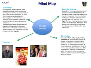 Mind Map
Main Image:
As seen with all of the magazines I have
analysed it’s obvious to see that the most
stereotypical shot which is used is a medium
shot of the character involved in the story.
This is very important because this is
illustrating that his character is the most
important person this week in the soaps and
something important is clearly happening
with them.
The medium shot is very stereotypical and
popular with soap magazines because it
allows for the audience to few the majority
of the characters body to establish their tone
through their body language.
Images
Needed
Examples:
Cover Line Imagery:
Boxes: Cover line imagery is usually located
in separate boxes on the front cover. By
placing the images in their own box with the
cover line it separates them from the main
headline and image and doesn’t draw the
attention away from that main story.
Edges: The cover line imagery is also usually
located around the edges of the page. This is
again so that attention is not taken away
from the main story and it therefore does
not interfere.
Other Soaps:
Coronation Street, Hollyoaks, Eastenders,
Emmerdale: By choosing these soaps to be
features in my magazine it is opening the
magazine directly to a wider audience as
these soaps are the most popular in the UK.
These soap operas would be cover stories to
my own soap opera that is airing soon. If the
audience is not interested in the new soap
opera, they have the other, more generic
and more popular soaps to watch and gather
details on instead.
 
