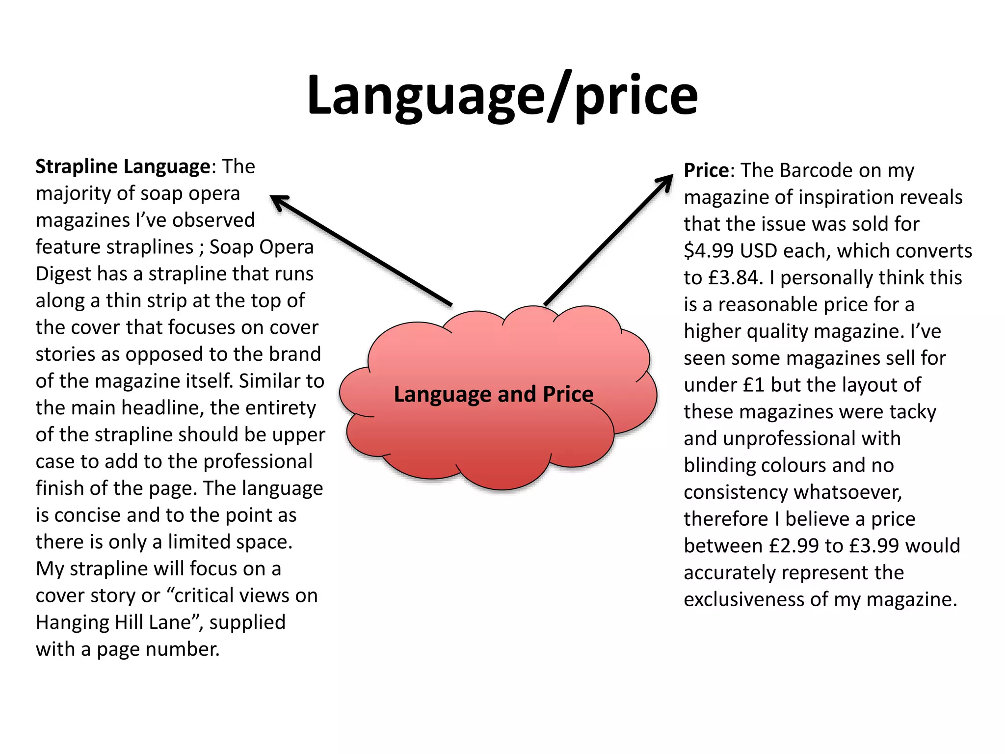 Language/price
Language and Price
Strapline Language: The
majority of soap opera
magazines I’ve observed
feature straplines ; Soap Opera
Digest has a strapline that runs
along a thin strip at the top of
the cover that focuses on cover
stories as opposed to the brand
of the magazine itself. Similar to
the main headline, the entirety
of the strapline should be upper
case to add to the professional
finish of the page. The language
is concise and to the point as
there is only a limited space.
My strapline will focus on a
cover story or “critical views on
Hanging Hill Lane”, supplied
with a page number.
Price: The Barcode on my
magazine of inspiration reveals
that the issue was sold for
$4.99 USD each, which converts
to £3.84. I personally think this
is a reasonable price for a
higher quality magazine. I’ve
seen some magazines sell for
under £1 but the layout of
these magazines were tacky
and unprofessional with
blinding colours and no
consistency whatsoever,
therefore I believe a price
between £2.99 to £3.99 would
accurately represent the
exclusiveness of my magazine.
 