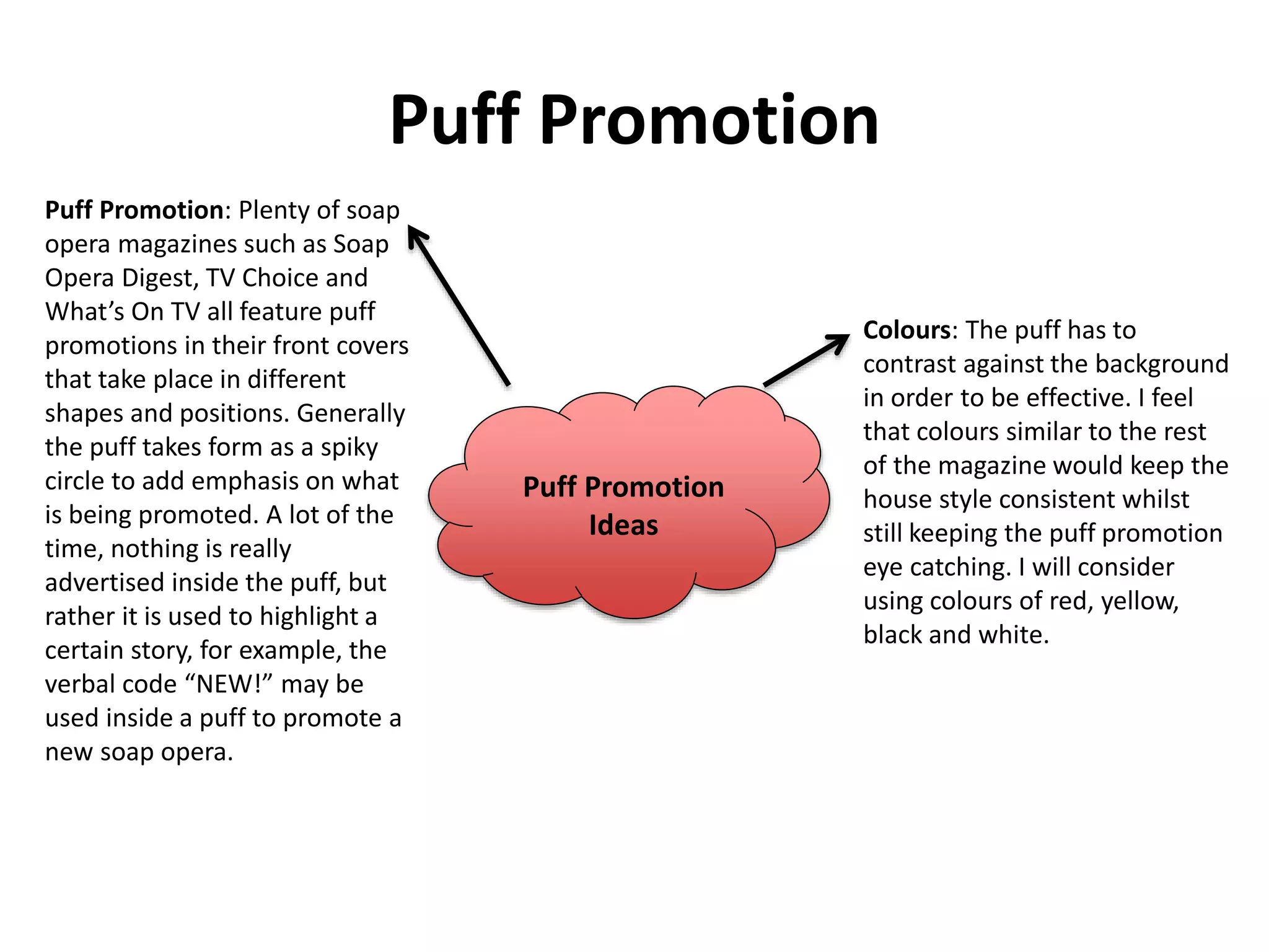 Puff Promotion
Puff Promotion
Ideas
Puff Promotion: Plenty of soap
opera magazines such as Soap
Opera Digest, TV Choice and
What’s On TV all feature puff
promotions in their front covers
that take place in different
shapes and positions. Generally
the puff takes form as a spiky
circle to add emphasis on what
is being promoted. A lot of the
time, nothing is really
advertised inside the puff, but
rather it is used to highlight a
certain story, for example, the
verbal code “NEW!” may be
used inside a puff to promote a
new soap opera.
Colours: The puff has to
contrast against the background
in order to be effective. I feel
that colours similar to the rest
of the magazine would keep the
house style consistent whilst
still keeping the puff promotion
eye catching. I will consider
using colours of red, yellow,
black and white.
 