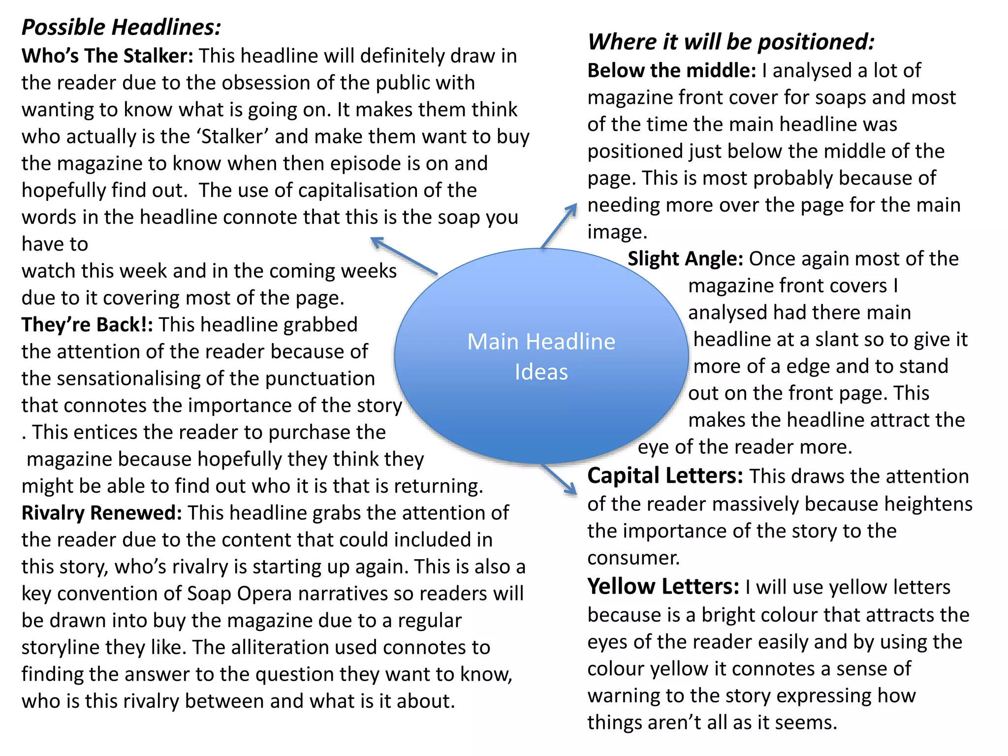 Possible Headlines: 
Who’s The Stalker: This headline will definitely draw in 
the reader due to the obsession of the public with 
wanting to know what is going on. It makes them think 
who actually is the ‘Stalker’ and make them want to buy 
the magazine to know when then episode is on and 
hopefully find out. The use of capitalisation of the 
words in the headline connote that this is the soap you 
have to 
watch this week and in the coming weeks 
due to it covering most of the page. 
They’re Back!: This headline grabbed 
the attention of the reader because of 
the sensationalising of the punctuation 
that connotes the importance of the story 
. This entices the reader to purchase the 
magazine because hopefully they think they 
might be able to find out who it is that is returning. 
Rivalry Renewed: This headline grabs the attention of 
the reader due to the content that could included in 
this story, who’s rivalry is starting up again. This is also a 
key convention of Soap Opera narratives so readers will 
be drawn into buy the magazine due to a regular 
storyline they like. The alliteration used connotes to 
finding the answer to the question they want to know, 
who is this rivalry between and what is it about. 
Main Headline 
Ideas 
Where it will be positioned: 
Below the middle: I analysed a lot of 
magazine front cover for soaps and most 
of the time the main headline was 
positioned just below the middle of the 
page. This is most probably because of 
needing more over the page for the main 
image. 
Slight Angle: Once again most of the 
magazine front covers I 
analysed had there main 
headline at a slant so to give it 
more of a edge and to stand 
out on the front page. This 
makes the headline attract the 
eye of the reader more. 
Capital Letters: This draws the attention 
of the reader massively because heightens 
the importance of the story to the 
consumer. 
Yellow Letters: I will use yellow letters 
because is a bright colour that attracts the 
eyes of the reader easily and by using the 
colour yellow it connotes a sense of 
warning to the story expressing how 
things aren’t all as it seems. 
 