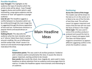 Main Headline
Ideas
Possible Headlines:
Love Triangle!: This highlights to the
audience the type of storyline which the
article inside will be about. ‘Love Triangle’
Suggests drama and conflict which is well
received by a soap opera audience and the
romance of ‘love’ will appeal to a younger
audience.
Love & Lust: This headline suggests a
conflict between to characters which can
be reinforced through the main image this
is suggested through the binary opposition
of love and lust. Furthermore romance is a
popular theme and would attract an
audience.
Stalking Shock!: This idea tells the
audience what the main storyline will be
as it ‘informs’ (Katz) them that it revolves
around a stalking, the use of alliteration
and the verbal code ‘shock’ causes it to
stand out and would encourage people to
read about the show.
Positioning:
Across the centre of the image:
The readers eye will be drawn to
the text as it is in the centre so it
is likely to be one of the first bits
of text they read. This will also
cause it to appear important and
means that the text will not cover
the faces of those in the image.
Tilted angle: This was used in
some of the ancillary products I
analysed and caused the text to
have an impact and appear bold.
This does not follow typical
magazine conventions so appears
different suggesting conflict in the
article the headline is about.
Other:
Exclamation points: This was used in all ancillary products I looked at
and is a device used to sensationalise the story. It causes the story to
appear important, exciting and bot to be missed.
Buzz words: Buzz words like shock, love, tragedy etc. were used in many
headlines to attract attention from an audience and encourages them to
read on. It makes the headlines appear more dramatic and interesting to
an audience.
 