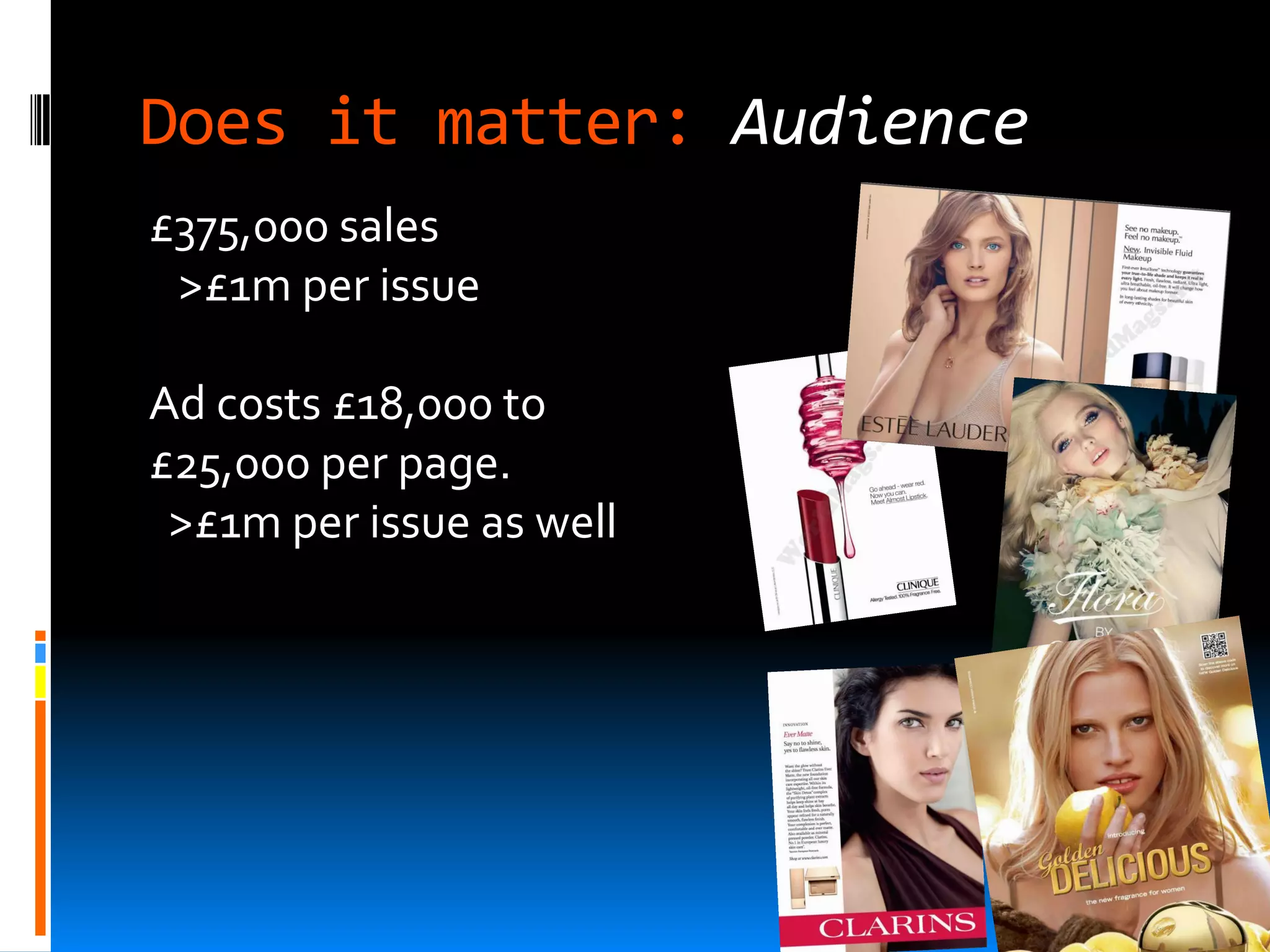 Does it matter: Audience
£375,000 sales
 >£1m per issue

Ad costs £18,000 to
£25,000 per page.
 >£1m per issue as well
 