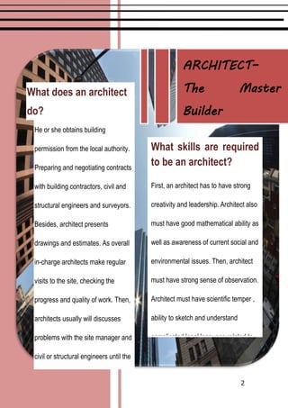 2
What does an architect
do?
He or she obtains building
permission from the local authority.
Preparing and negotiating contracts
with building contractors, civil and
structural engineers and surveyors.
Besides, architect presents
drawings and estimates. As overall
in-charge architects make regular
visits to the site, checking the
progress and quality of work. Then,
architects usually will discusses
problems with the site manager and
civil or structural engineers until the
construction is complete and ready
for the client's use.
What skills are required
to be an architect?
First, an architect has to have strong
creativity and leadership. Architect also
must have good mathematical ability as
well as awareness of current social and
environmental issues. Then, architect
must have strong sense of observation.
Architect must have scientific temper ,
ability to sketch and understand
complicated legal language related to
the profession also.
ARCHITECT–
The Master
Builder
 