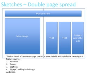 Sketches – Double page spread
                                     Musical name.




              Main image.                                                          Images
                                                     TEXT            TEXT         down the
                                                                                    side




  This is a sketch of the double page spread. In more detail it will include the stereotypical
  features such as
  1. Headline
  2. Quotes
  3. Captions
  4. Big eye catching main image
  And more.
 