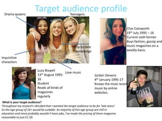 Drama queens
                         Target audience profile     Teenagers


                                                                                            Char Cotsworth
                                                                                            19th July 1995 – 16
                                                                                            Current sixth former
                                                                                            Buys fashion, gossip and
                                                         Up to date                         music magazines on a
                                                         knowledge                          weekly basis.

Inquisitive
characters

                           Lucy Biswell
                                              Love music
                           13th August 1995-                            Jordan Stevens
                           16                                           4th January 1995-17
                           Student                                      Knows the most recent
                           Reads all kinds of                           music by online
                           magazines                                    websites.
                           regularly
 What is your target audience?
Throughout my research I decided that I wanted the target audience to be for ‘late teens’
So the age group of 16+ would be suitable. As majority of this age group are still in
education and most probably wouldn’t have jobs, I’ve made the pricing of them magazine
reasonable to just £1.50.
 