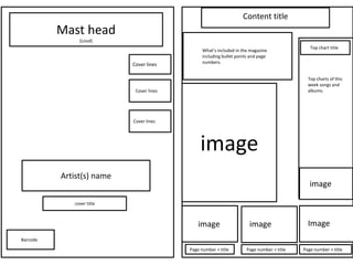 Content title
          Mast head
               (Loud)
                                                                                              Top chart title
                                                What’s included in the magazine
                                                including bullet points and page
                           Cover lines          numbers.


                                                                                             Top charts of this
                                                                                             week songs and
                            Cover lines                                                      albums.




                           Cover lines




                                               image
          Artist(s) name
                                                                                              image

             cover title



                                              image                    image                 Image
Barcode

                                          Page number + title        Page number + title   Page number + title
 