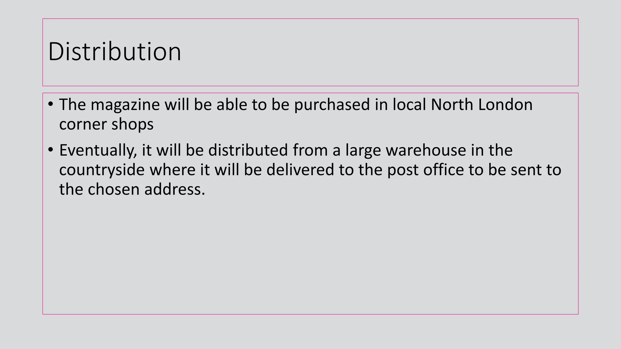 Distribution
• The magazine will be able to be purchased in local North London
corner shops
• Eventually, it will be distributed from a large warehouse in the
countryside where it will be delivered to the post office to be sent to
the chosen address.
 