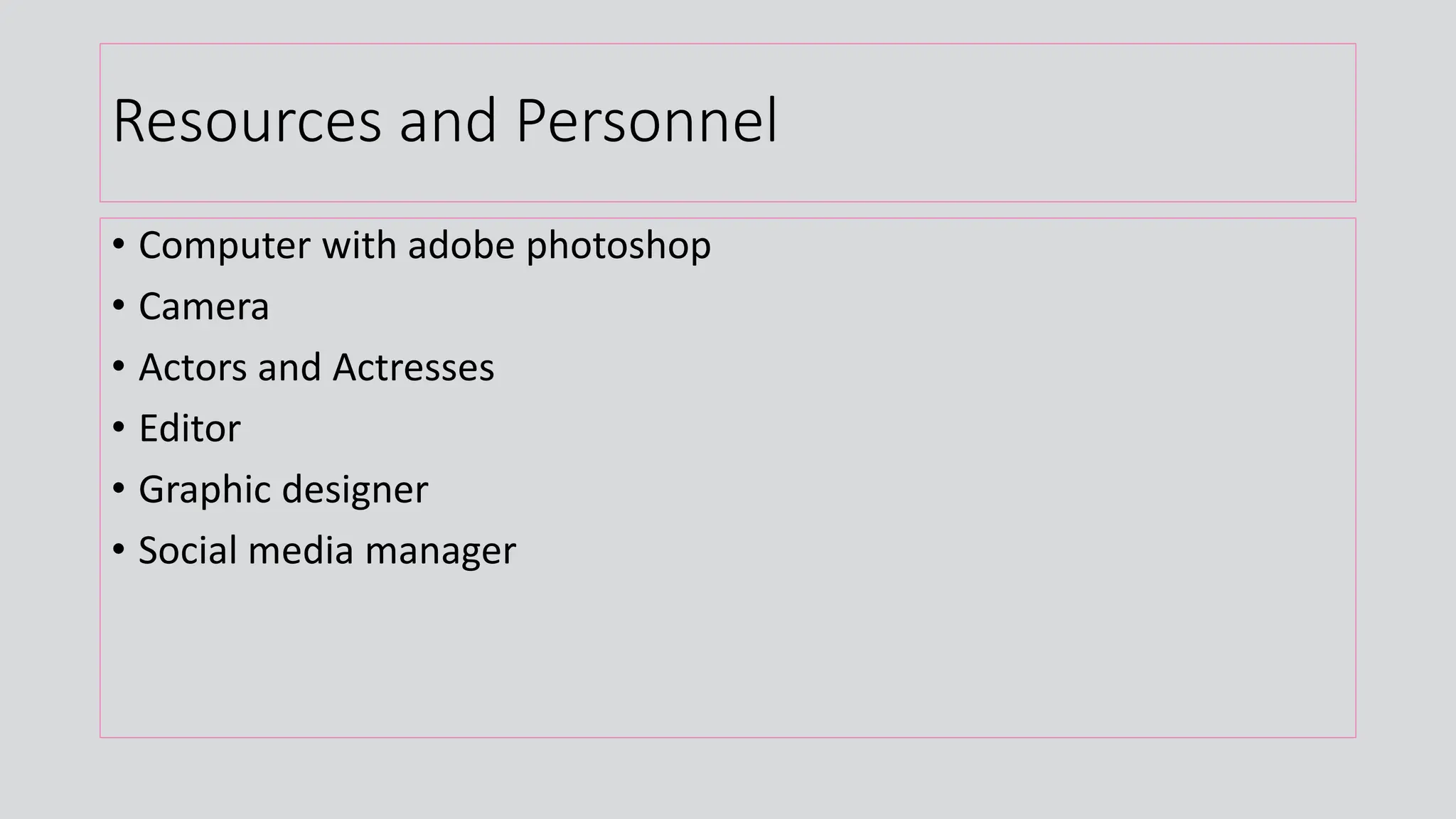Resources and Personnel
• Computer with adobe photoshop
• Camera
• Actors and Actresses
• Editor
• Graphic designer
• Social media manager
 