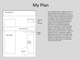 My Plan
                                                  The rough draw up of my magazine cover, is to
                                                  help me organise what I need to put on the
                                                  magazine cover, as a reminder but its also here
                                                  so I can see where I'm going to put everything.
                                                  I've looked at codes and conventions of what
                                       Dateline   normally goes onto a magazine and i plan to
                                       and        use as many of the techniques professional
                                       Barcode    magazine uses to enable mine to look at
                                                  professional as the published magazine’s.
                                                  This is just a skeleton as to where everything
                                                  will go, so it may change. I want to keep the
             Main cover line                      magazine cover simple and not to crammed
                                                  like the major ones like ‘Total Film’ I want it to
                                      Model       look like more of an independent magazine,
                                      credit      slightly wider than an more A4 magazine and
Main image
                                                  without as much going on, on the front of the
                                                  magazine, this will make it look unique and
                                                  appeal to my target audience, young people,
                                                  trying to find them selves.
                           Cover
                           stories




                 Button
 