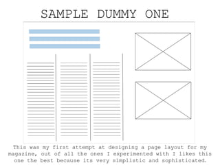 SAMPLE DUMMY ONE
This was my first attempt at designing a page layout for my
magazine, out of all the ones I experimented with I likes this
one the best because its very simplistic and sophisticated.
 