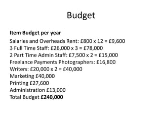 Budget
Item Budget per year
Salaries and Overheads Rent: £800 x 12 = £9,600
3 Full Time Staff: £26,000 x 3 = £78,000
2 Part Time Admin Staff: £7,500 x 2 = £15,000
Freelance Payments Photographers: £16,800
Writers: £20,000 x 2 = £40,000
Marketing £40,000
Printing £27,600
Administration £13,000
Total Budget £240,000
 