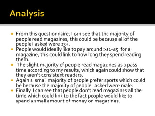  From this questionnaire, I can see that the majority of 
people read magazines, this could be because all of the 
people I asked were 23+. 
 People would ideally like to pay around >£1-£5 for a 
magazine, this could link to how long they spend reading 
them. 
 The slight majority of people read magazines as a pass 
time according to my results, which again could show that 
they aren’t consistent readers. 
 Again a small majority of people prefer sports which could 
be because the majority of people I asked were male. 
 Finally, I can see that people don’t read magazines all the 
time which could link to the fact people would like to 
spend a small amount of money on magazines. 
