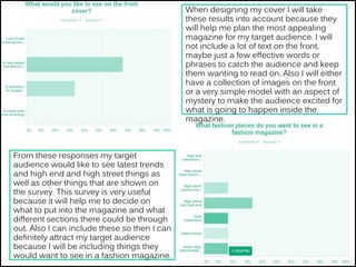 When designing my cover I will take
these results into account because they
will help me plan the most appealing
magazine for my target audience. I will
not include a lot of text on the front,
maybe just a few effective words or
phrases to catch the audience and keep
them wanting to read on. Also I will either
have a collection of images on the front
or a very simple model with an aspect of
mystery to make the audience excited for
what is going to happen inside the
magazine.
From these responses my target
audience would like to see latest trends
and high end and high street things as
well as other things that are shown on
the survey. This survey is very useful
because it will help me to decide on
what to put into the magazine and what
different sections there could be through
out. Also I can include these so then I can
definitely attract my target audience
because I will be including things they
would want to see in a fashion magazine.
 