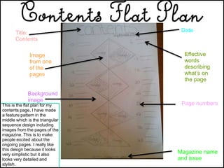 Date
Effective
words
describing
what’s on
the page
Page numbers
Magazine name
and issue
Title:
Contents
Image
from one
of the
pages
Background
image
This is the flat plan for my
contents page, I have made
a feature pattern in the
middle which is the triangular
sequence design including
images from the pages of the
magazine. This is to make
people excited about the
ongoing pages. I really like
this design because it looks
very simplistic but it also
looks very detailed and
stylish.
 