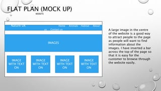 FLAT PLAN (MOCK UP)
WEBSITE
Nature UK Home Animals Habitat About
us Contact us
IMAGES
IMAGE
WITH TEXT
ON
IMAGE
WITH TEXT
ON
IMAGE
WITH TEXT
ON
IMAGE
WITH TEXT
ON
A large image in the centre
of the website is a good way
to attract people to the page
as people will want to find
information about the
images. I have inserted a bar
across the top of the page so
that it is easy for the
customer to browse through
the website easily.
 