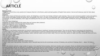 ARTICLE
Magazine Article
The wildlife in the UK has a very varied set of creatures that lurk in the forests, ponds and back gardens of English home owners. Here we will show you some fun facts about
these animals!
Hedgehog
Small, round, brown and famously covered in spines, the Hedgehog is one of the most familiar of Britain's wild mammals. They are most commonly spotted in parks and gardens,
where bushes and hedges provide the perfect day-time getaway, and insect-rich lawns and flowerbeds make excellent feeding grounds at dusk. Hedgehogs eat all kinds of
invertebrates, as well as amphibians, bird’s eggs and anything else they can catch; they particularly like big, crunchy beetles, earthworms and slugs, making them a gardener's
best friend.
5 fun facts about Hedgehogs
Hedgehogs are lactose intolerant (this means they can’t process dairy products).
Hedgehogs found their name through their foraging habits.
There are 17 different species of hedgehog.
It is illegal to own a hedgehog in Pennsylvania.
Hedgehogs are not affected by adder venom.
Rabbits
The Rabbit is a very familiar animal which can easily be spotting grazing on heathland, farmland and grasslands. They can also be found on sand dunes and moorland, at
woodland edges and in towns and cities. Rabbits live in large groups in extensive underground burrow systems known as 'warrens'. There are eight different genera in the
family classified as rabbits, including the European rabbit, cottontail rabbits and the Amami rabbit There are many other species of rabbit, and these, along with pikas and hares,
make up the order Lagomorpha.
5 fun facts about rabbits
A female rabbit is called a doe.
A male rabbit is called a buck.
A young rabbit is called a kit (or kitten).
More than half of the worlds rabbits live in North America.
A rabbit’s teeth never stop growing. Fortunately, they’re naturally kept short by the normal wear and tear of chewing. Lots and lots of chewing, that is — about 120 times a
minute.
Ducks
Duck is the common name for a large number of species in the waterfowl family Anatidae, which also includes swans and geese. Ducks are divided among several subfamilies in
the family Anatidae; they do not represent a monophyletic group (the group of all descendants of a single common ancestral species) but a form taxon, since swans and geese are
not considered ducks. Ducks are mostly aquatic birds, mostly smaller than the swans and geese, and may be found in both fresh water and sea water. Ducks have excellent
eyesight. duck's eyes are located on either sides of its head, they have a field of vision of nearly 340 degrees. And thanks to the shape of their eyes, they can see objects both
near and far simultaneously. To top it off, ducks have three eyelids and can see in color.
5 fun facts about ducks
Very few ducks actually quack.
Ducklings learn to fly in two months of being born.
 