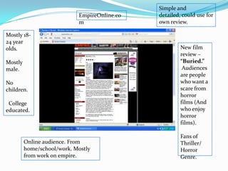 Simple and detailed, could use for own review. EmpireOnline.comMostly 18-24 year olds.Mostly male.No children.  College educated.New film review – “Buried.” Audiences are people who want a scare from horror films (And who enjoy horror films). Fans of Thriller/ Horror Genre. Online audience. From home/school/work. Mostly from work on empire.