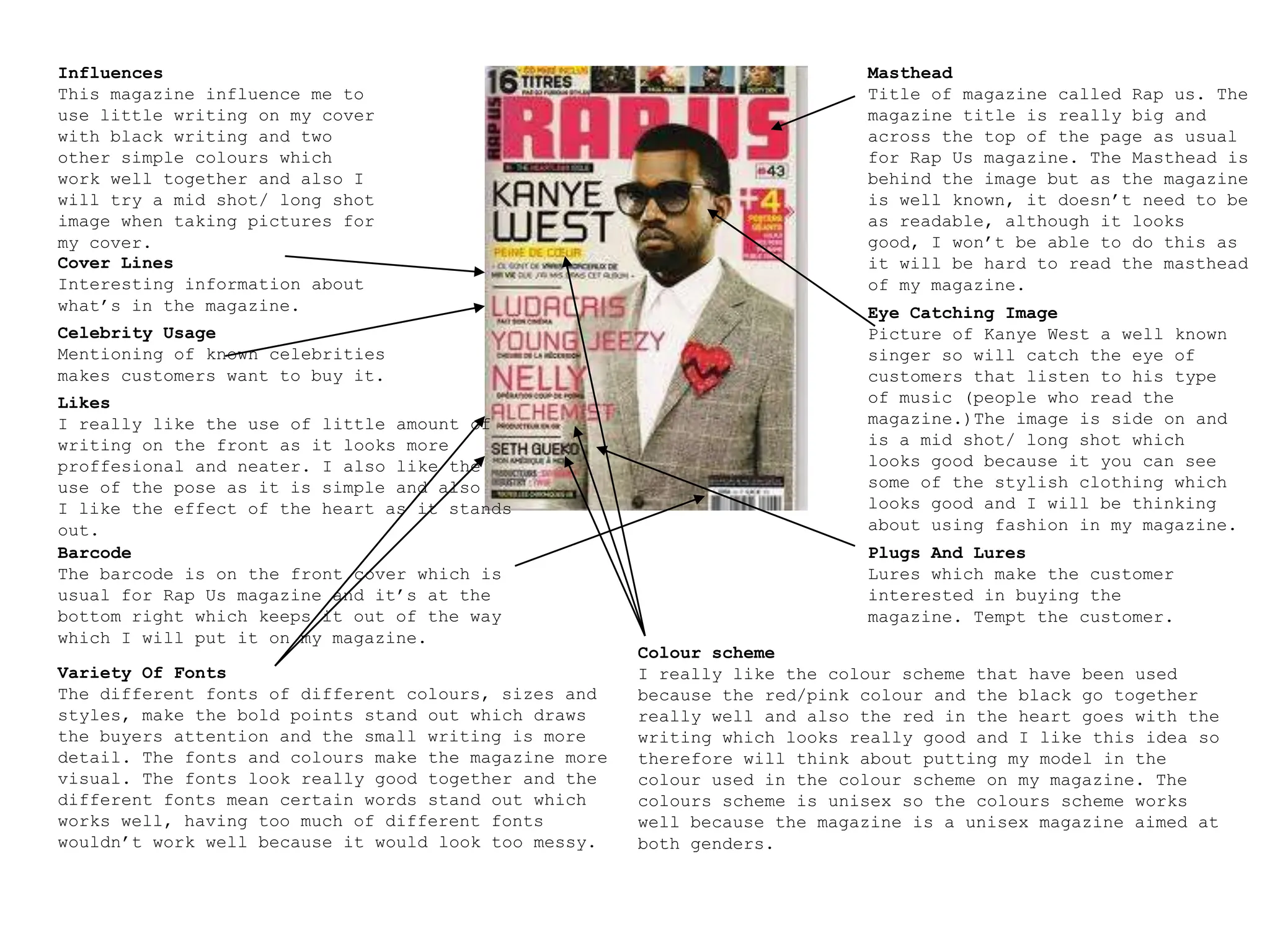 Masthead Title of magazine called Rap us. The magazine title is really big and across the top of the page as usual for Rap Us magazine. The Masthead is behind the image but as the magazine is well known, it doesn’t need to be as readable, although it looks good, I won’t be able to do this as it will be hard to read the masthead of my magazine. InfluencesThis magazine influence me to use little writing on my cover with black writing and two other simple colours which work well together and also I will try a mid shot/ long shot image when taking pictures for my cover.Cover LinesInteresting information about what’s in the magazine. Eye Catching ImagePicture of Kanye West a well known singer so will catch the eye of customers that listen to his type of music (people who read the magazine.)The image is side on and is a mid shot/ long shot which looks good because it you can see some of the stylish clothing which looks good and I will be thinking about using fashion in my magazine.Celebrity UsageMentioning of known celebrities makes customers want to buy it.LikesI really like the use of little amount ofwriting on the front as it looks more proffesional and neater. I also like the use of the pose as it is simple and also I like the effect of the heart as it stands out.Plugs And LuresLures which make the customer interested in buying the magazine. Tempt the customer. BarcodeThe barcode is on the front cover which is usual for Rap Us magazine and it’s at the bottom right which keeps it out of the way which I will put it on my magazine.Colour schemeI really like the colour scheme that have been used because the red/pink colour and the black go together really well and also the red in the heart goes with the writing which looks really good and I like this idea so therefore will think about putting my model in the colour used in the colour scheme on my magazine. The colours scheme is unisex so the colours scheme works well because the magazine is a unisex magazine aimed at both genders.Variety Of FontsThe different fonts of different colours, sizes and styles, make the bold points stand out which draws the buyers attention and the small writing is more detail. The fonts and colours make the magazine more visual. The fonts look really good together and the different fonts mean certain words stand out which works well, having too much of different fonts wouldn’t work well because it would look too messy. 
