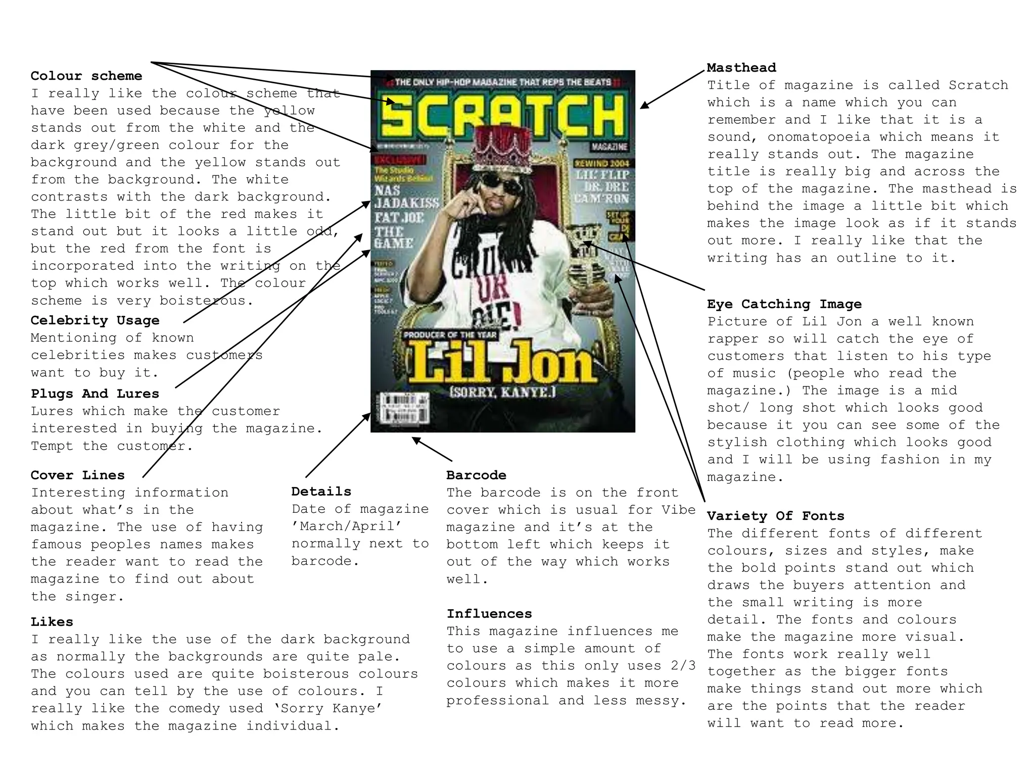 Masthead Title of magazine is called Scratch which is a name which you can remember and I like that it is a sound, onomatopoeia which means it really stands out. The magazine title is really big and across the top of the magazine. The masthead is behind the image a little bit which makes the image look as if it stands out more. I really like that the writing has an outline to it. Colour schemeI really like the colour scheme that have been used because the yellow stands out from the white and the dark grey/green colour for the background and the yellow stands out from the background. The white contrasts with the dark background. The little bit of the red makes it stand out but it looks a little odd, but the red from the font is incorporated into the writing on the top which works well. The colour scheme is very boisterous.Eye Catching ImagePicture of Lil Jon a well known rapper so will catch the eye of customers that listen to his type of music (people who read the magazine.) The image is a mid shot/ long shot which looks good because it you can see some of the stylish clothing which looks good and I will be using fashion in my magazine. Celebrity UsageMentioning of known celebrities makes customers want to buy it.Plugs And LuresLures which make the customer interested in buying the magazine. Tempt the customer.Cover LinesInteresting information about what’s in the magazine. The use of having famous peoples names makes the reader want to read the magazine to find out about the singer.BarcodeThe barcode is on the front cover which is usual for Vibe magazine and it’s at the bottom left which keeps it out of the way which works well.DetailsDate of magazine ’March/April’ normally next to barcode.Variety Of FontsThe different fonts of different colours, sizes and styles, make the bold points stand out which draws the buyers attention and the small writing is more detail. The fonts and colours make the magazine more visual. The fonts work really well together as the bigger fonts make things stand out more which are the points that the reader will want to read more.InfluencesThis magazine influences me to use a simple amount of colours as this only uses 2/3 colours which makes it more professional and less messy.LikesI really like the use of the dark background as normally the backgrounds are quite pale. The colours used are quite boisterous colours and you can tell by the use of colours. I really like the comedy used ‘Sorry Kanye’ which makes the magazine individual.