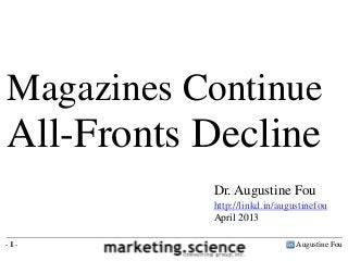 Magazines Continue
All-Fronts Decline
           Dr. Augustine Fou
           http://linkd.in/augustinefou
           April 2013

-1-                            Augustine Fou
 