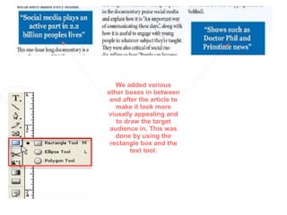 We added various
other boxes in between
and after the article to
make it look more
viusally appealing and
to draw the target
audience in. This was
done by using the
rectangle box and the
text tool.
 