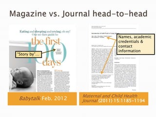 Babytalk Feb. 2012
Maternal and Child Health
Journal (2011) 15:1185-1194
“Story by”…
Names, academic
credentials &
contact
information
 
