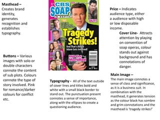 Masthead –
Creates brand
identity,
generates
recognition and
establishes
typography. Cover Line- Attracts
attention by playing
on convention of
soap operas, colour
stands out against
background and has
connotations of
danger.
Price – Indicates
audience type, either
a audience with high
or low disposable
income.
Buttons – Various
images with solo or
double characters
connote the content
of sub plots. Colours
connote the type of
story involved. Pink
for romance/darker
colours for conflict
etc.
Typography - All of the text outside
of cover lines and titles bold and
white with a small black border to
stand out. The punctuation present
connotes a sense of importance,
along with the ellipses to create a
questioning audience.
Main Image –
The main image connotes a
sense of class and significance,
as it is a business suit. In
combination with the
masthead, it generates tension
as the colour black has sombre
and grim connotations and the
masthead is ‘tragedy strikes!’
 