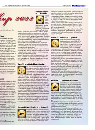 9
OGÓLNOPOLSKI MAGAZYN SPOŁECZNO-ZAWODOWY NR 12 (167) 2021
miętności... Lub nawet kilku
ci.
2 lipca)
odiakalne Raki będą pełne
ntuzjazmu. Za sprawą tej pozy-
i uda Ci się przyciągnąć do swo-
ele pomyślnych sytuacji, nowych
wych znajomości. Rok 2022 upły-
gii działania. Nie będziesz biernie
oim życiu samo. Jeśli coś zapla-
iągnąć swój cel. Sukcesywne
e rezultaty. Czeka Cię też sporo
m czasie często podróżować lub
miejsce zamieszkania.
się podjąć korzystne decyzje
cje przyniosą Ci zadowalają-
by nie dać się wykorzystywać
bliskie Ci osoby.
ziesz borykać się z poważniej-
mi. Karty wróżą ustabilizowaną
ieszył się siłami witalnymi oraz
acji opartej na prawdziwym
e, otrzymasz w odpowiedzi od
o dobry moment na zaplano-
rpnia)
karty wróżą zodiakalnym Lwom
i poczucie spełnienia. Niewąt-
niejsze będą dla Ciebie w tym
uczuciowe. Przede wszystkim
budowanie stabilnego, szczę-
d kątem budowania wartościo-
zajemnym zaufaniu i wsparciu.
zy będą Ci dobrze życzyć. Dzięki
pokój i harmonia. Poczujesz
ez co nawet przez trudniejsze
szwanku.
działania, przyniosą Ci spore
ypływom i zgromadzonym
a Ci się spełnić swoje pragnienia
nia lub domu.
kają Cię żadne większe proble-
i pozytywnej energii. Możesz
poprzez zabiegi kosmetyczne
wiązek pełen uczuć i namiętności.
a może odrodzić się za sprawą
ujesz swoje ciało, co sprawi, że
y.
Panna (24 sierpnia
do 22 września)
W 2022
roku
osoby
urodzo-
ne pod
znakiem
Panny powinny kierować
się przede wszystkim
rozsądkiem. Kluczową rolę
będą grały Twoja wiedza
i intelekt.To połączenie może zapewnić Ci sukcesy. Będziesz
miał pomyślność wszędzie tam, gdzie będziesz mógł wyka-
zać się umysłowo. Karty wróżą pozytywnie zdane egzaminy.
Twoimi słabymi stronami będzie brak opanowania, cierpliwości
i wytrwałości w podjętych działaniach. Staraj się angażować
w krótkoterminowe projekty.W długofalowych przedsięwzię-
ciach szybko możesz stracić zapał i motywację.
Pieniądze: Rok 2022 nie przyniesie większych przypływów
finansowych. Jednak dzięki Twojej umiejętności gospodaro-
wania pieniędzmi, i tak uda Ci się sporo zaoszczędzić.Twoja
sytuacja finansowa będzie stabilna.
Zdrowie: Problemy zdrowotne, z którymi możesz borykać się
w tym roku będą związane głównie z krążeniem krwi. Uważaj
w szczególności na kwestie związane z krzepliwością. Mogą
pojawiać się także problemy skórne.
Związki: Pod względem miłości nie będzie to pomyślny czas.
Osoba, na której Ci zależy, może nie odwzajemnić Twoich
uczuć. Nie staraj się też za wszelką cenę walczyć o relację, w
której druga strona nie wykazuje zaangażowania.
Waga (23 września do 22 października)
Rok 2022 dla zodiakalnych Wag będzie sku-
piał się przede wszystkim na dobrobycie ma-
terialnym.To czas, w którym Twoja sytuacja
finansowa znacznie się polepszy.Wszystko
za sprawą Twojej wytrwałości w działaniu i
cierpliwości w oczekiwaniu na efekty.Właśnie
w tym roku będziesz w końcu mógł cieszyć się rezultatami
wcześniejszych działań. Istotne będzie dla Ciebie, by wieść
spokojne, ustabilizowane życie. Nie będziesz nastawiony na
szukanie wrażeń.Ważne będzie życie rodzinne i dbanie o ogni-
sko domowe. Możesz otrzymać pomoc od kogoś z rodziny.
Pieniądze:Ten rok sprawi, że w końcu poczujesz się spełniony
w kwestiach finansowych. Karty wróżą obfitość, która zapew-
ni Ci wygodne życie. Pamiętaj o tym, by nagradzać siebie za
sukcesy. Nie żałuj pieniędzy na drobne przyjemności.
Zdrowie:W roku 2022 będzie dopisywało Ci dobre zdrowie.
Będziesz cieszył się kondycją i witalnością. Dobrym pomysłem
będzie uprawianie sportu. Uważaj jednak na kontuzje, zwłasz-
cza w okolicach kończyn dolnych.
Związki:W relacji partnerskiej może zabraknąć namiętności.
Budowanie związku w oparciu o rozsądek sprawi, że popad-
niecie w rutynę.Warto podjąć wyzwanie, by podgrzać nieco
atmosferę, wprowadzić więcej szaleństwa.
Skorpion (23 października do 21 listopada)
W tym roku zodiakalne Skorpiony postawią
na siebie.To czas, w którym nabierzesz więcej
pewności siebie, wiary we własne możliwości.
Zrozumiesz, że potencjały tkwią w Tobie i
zaczniesz je rozwijać. Dzięki temu wykreujesz
w sobie pozytywną energię. Z łatwością uda
Ci się przetrwać gorsze momenty. Przypłynie do Ciebie siła psy-
chiczna, ale także i fizyczna.Wyjdziesz z odważnymi działa-
niami, po to, by spełniać swoje potrzeby. Zadbasz o swoje ciało
poprzez aktywności fizyczne.To pomoże Ci w zaakceptowaniu
swojej osobowości, ciała oraz seksualności.
Pieniądze: Zaangażowanie w pracę i profesjonalizm przełożą
się na bardzo zadowalające wyniki finansowe. Potrafisz cieszyć
się z tego, co już udało Ci się osiągnąć. Możliwy awans, dzięki
któremu Twoje zarobki wzrosną.
Zdrowie: Rok 2022 niesie Ci dobrą energetykę na zdrowie.W
tym czasie poczujesz znaczny przypływ sił witalnych. Proble-
my, z którymi możesz się borykać, będą związane z obrębem
jamy ustnej. Zadbaj o zęby.
Związki:W stałej relacji może nastąpić ochłodzenie stosunków,
problemy na tle seksualnym, oddalenie fizyczne. Uważaj na
nowe znajomości. Ktoś może Cię zauroczyć, ale będzie chciał
Cię tylko wykorzystać.
Strzelec (22 listopada do 21 grudnia)
Osoby urodzone pod znakiem Strzelca
bardzo przebojowo spędzą 2022 rok.To
czas sporej aktywności w wielu dziedzi-
nach życiowych. Karty wróżą Ci sukcesy w
sferze zawodowej. Szybki rozwój kariery,
zaangażowanie w dużą ilość projektów,
zaskakujące awanse. Będziesz podejmować nowe inicjatywy
ze zdecydowaniem, ale i wytrwałością. Przed Tobą także liczne
podróże, z których wyniesiesz wiedzę, przydatną na dalszej
ścieżce rozwoju. Rok ten będzie bardzo intensywny, ale dzięki
swojej determinacji bez problemu uda Ci się dotrzymać kroku
tej dynamicznej energii.
Pieniądze: Czekają Cię spore zyski związane z Twoimi rozle-
głymi działaniami.To także dobry czas na podjęcie inwestycji,
zwłaszcza związanych z nieruchomościami. Możesz też zdecy-
dować się na zakup nowego auta.
Zdrowie: Mogą pojawić się dolegliwości związane z głową i jej
obrębem. Przede wszystkim częste bóle głowy, migreny, ale
także problemy z zatokami, oczami oraz ciśnieniem.Warto
pomyśleć o wizycie u neurologa.
Związki: Rok 2022 może obfitować w nowe znajomości, z
których wynikną płomienne romanse. Niemniej jednak w tym
czasie możesz spotkać też osobę, z którą uda Ci się zbudować
stały związek oparty na głębokich uczuciach.
Koziorożec (22 grudnia do 19 stycznia)
Przed zodiakalnymi Koziorożcami bardzo
intensywny rok.W tym czasie możesz spo-
dziewać się niespodziewanego. Pojawią się
nowe szanse do wykorzystania. Znajdziesz
pozytywne rozwiązania swoich problemów.
Nowe doświadczenia na horyzoncie, które
będą pobudzały do działania. Przed Tobą wiele zmian, które
będziesz wprowadzać z odwagą. Niektóre z tych zmian będą
jednak działy się bez Twojego udziału. Czekają Cię nagłe, nie-
oczekiwane przewroty w życiu. Los będzie Ci jednak sprzyjał,
dlatego w roku 2022 będziesz spadał zawsze jak kot, na cztery
łapy.
Pieniądze: Finanse będą w tym roku grały kluczową rolę w
Twoim życiu. Możesz spodziewać się zdecydowanie większych
przypływów finansowych. Dzięki temu uda Ci się spłacić swoje
zobowiązania lub zadłużenia.
Zdrowie: Zdrowotnie możesz borykać się z problemami na
podłożu psychosomatycznym. Postaraj się unikać stresujących
sytuacji lub takich, które będą wpływały na Twoją nadmierną
nerwowość. Mogą pojawić się również problemy z płodnością.
Związki: Sferze uczuciowej nie poświęcisz w tym roku zbyt
wiele uwagi. Zdasz się na to, co przyniesie Ci los. Możesz bu-
dować relację partnerską na odległość, jednak bez większego
zaangażowania.
kop 2022
taMateuszAlgiz
ert/1513/Wrozbita_Mateusz_Algiz
 