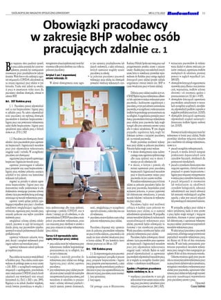 11
OGÓLNOPOLSKI MAGAZYN SPOŁECZNO-ZAWODOWY NR 6 (173) 2022
Obowiązki pracodawcy
w zakresie BHP wobec osób
pracujących zdalnie cz. 1
B
ez wątpienia okres pandemii sprawił,
żepracazdalnaprzestałabyćczymśwy-
jątkowym, przestała być rozwiązaniem
stosowanym przez przedsiębiorców jedynie
doraźnie. Wiele firm w celu uniknięcia zagro-
żeńzwiązanychzCOVID-19,zdecydowałosię
na zmianę organizacji pracy właśnie w tym
kierunku. Trzeba mieć jednak na uwadze,
iż praca w omawianym trybie niesie dla
pracodawcy określone obowiązki, również w
zakresieBHP.
Art. 207 Kodeksu pracy
§ 1. Pracodawca ponosi odpowiedzial-
ność za stan bezpieczeństwa i higieny pracy
w zakładzie pracy. Na zakres odpowiedzial-
ności pracodawcy nie wpływają obowiązki
pracowników w dziedzinie bezpieczeństwa i
higieny pracy oraz powierzenie wykonywania
zadań służby bezpieczeństwa i higieny pracy
specjalistom spoza zakładu pracy, o których
mowawart.23711§2KP.
§ 2. Pracodawcajestobowiązanychronić
zdrowie i życie pracowników przez zapewnie-
nie bezpiecznych i higienicznych warunków
pracy przy odpowiednim wykorzystaniu
osiągnięć nauki i techniki. W szczególności
pracodawcajestobowiązany:
organizowaćpracęwsposóbzapewniający
bezpieczneihigienicznewarunkipracy;
zapewniać przestrzeganie w zakładzie
pracy przepisów oraz zasad bezpieczeństwa i
higieny pracy, wydawać polecenia usunięcia
uchybień w tym zakresie oraz kontrolować
wykonanietychpoleceń;
reagować na potrzeby w zakresie zapew-
nienia bezpieczeństwa i higieny pracy oraz
dostosowywać środki podejmowane w celu
doskonalenia istniejącego poziomu ochrony
zdrowiaiżyciapracowników,biorącpoduwagę
zmieniającesięwarunkiwykonywaniapracy;
zapewnić rozwój spójnej polityki zapo-
biegającej wypadkom przy pracy i chorobom
zawodowym uwzględniającej zagadnienia
techniczne, organizację pracy, warunki pracy,
stosunki społeczne oraz wpływ czynników
środowiskapracy;
uwzględniać ochronę zdrowia młodo-
cianych, pracownic w ciąży lub karmiących
dziecko piersią oraz pracowników niepełno-
sprawnychwramachpodejmowanychdziałań
profilaktycznych;
zapewniać wykonanie nakazów, wystą-
pień, decyzji i zarządzeń wydawanych przez
organynadzorunadwarunkamipracy;
zapewniać wykonanie zaleceń społeczne-
goinspektorapracy.
Pracazdalnaniemajeszczeswojejdefinicji
w Kodeksie pracy. Praca zdalna została wpro-
wadzona do polskiego prawa na mocy ustawy
z 2.03. 2020 r. o szczególnych rozwiązaniach
związanych z zapobieganiem, przeciwdziała-
niemizwalczaniemCOVID-19,innychchorób
zakaźnych oraz wywołanych nimi sytuacji
kryzysowych (t.j. Dz.U. z 2021 r. poz. 2095).
Regulacja ta ma jednak charakter wyjątkowy,
została bowiem przewidziana w związku z
wystąpieniemsytuacjiepidemicznejimożebyć
stosowanatylkoprzezokreślonyczasitylkona
poleceniepracodawcy.
Artykuł 3 ust.1 wspomnianej
ustawy wskazuje, iż:
W okresie obowiązywania stanu zagro-
żenia epidemicznego albo stanu epidemii,
ogłoszonego z powodu COVID-19, oraz w
okresie 3 miesięcy po ich odwołaniu, w celu
przeciwdziałaniaCOVID-19pracodawcamoże
polecić pracownikowi wykonywanie, przez
czas oznaczony, pracy określonej w umowie o
pracę poza miejscem jej stałego wykonywania
(pracazdalna).
Tarcza 4.0 wprowadziła także
zapisy dotyczące pracy zdalnej:
•	 pracazdalnamożebyćwykonywanaprzy
wykorzystaniu środków bezpośredniego
porozumiewania się na odległość, lecz
niejesttokonieczne;
•	 narzędzia i materiały potrzebne do
wykonywania pracy zdalnej oraz obsługę
logistyczną pracy zdalnej zapewnia
pracodawca;
•	 przywykonywaniupracyzdalnejpracow-
nikmożeużywaćnarzędzilubmateriałów
niezapewnionychprzezpracodawcę,pod
warunkiem że umożliwia to poszano-
wanie i ochronę informacji poufnych i
innych tajemnic prawnie chronionych,
w tym tajemnicy przedsiębiorstwa lub
danych osobowych, a także informacji,
których ujawnienie mogłoby narazić
pracodawcęnaszkodę;
•	 na polecenie pracodawcy pracownik
wykonujący pracę zdalną ma obowiązek
prowadzić ewidencję wykonanych czyn-
ności, uwzględniającą w szczególności
opistychczynności,atakżedatęorazczas
ichwykonania;
•	 pracodawcamożewkażdymczasiecofnąć
poleceniewykonywaniapracyzdalnej.
Pracodawca dysponuje więc uprawnie-
niem do polecenia pracownikowi wykonywa-
niepracywtrybiezdalnym,apracownikcodo
zasady nie może odmówić świadczenia pracy
w formie zdalnej. W tym kontekście warto
równieżprzytoczyćart.108ust.1KP
Art. 108 Kodeksu pracy
§ 1. Zanieprzestrzeganieprzezpracowni-
kaustalonejorganizacjiiporządkuwprocesie
pracy, przepisów bezpieczeństwa i higieny
pracy, przepisów przeciwpożarowych, a także
przyjętegosposobupotwierdzaniaprzybyciai
obecnościwpracyorazusprawiedliwianianie-
obecnościwpracy,pracodawcamożestosować:
1.	 karęupomnienia;
2.	karęnagany.
Od pewnego czasu w Ministerstwie
RodzinyiPolitykiSpołecznejtrwająpracenad
przygotowaniem projektu ustawy o zmianie
ustawy–Kodekspracyorazniektórychinnych
ustaw, która to nowelizacja przewiduje wpro-
wadzenie do Kodeksu pracy szeregu regulacji
dotyczących pracy zdalnej (projekt zakłada
uregulowanie również kwestii dot. BHP w
czasieświadczeniapracywformiezdalnej).
Definicjapracyzdalnejznajdziesięwart.
6718KP.Będzieniąpracawykonywanacałkowi-
cielubczęściowowmiejscuwskazanymprzez
pracownika i każdorazowo uzgodnionym z
pracodawcą,wtympodadresemzamieszkania
pracownika,wszczególnościzwykorzystaniem
środkówbezpośredniegoporozumiewaniasię
naodległość.Auzgodnieniapomiędzypraco-
dawcąipracownikiemdotyczącewykonywania
pracy zdalnej przez pracownika będą mogły
nastąpićalboprzyzawieraniuumowyopracę
albo w trakcie zatrudnienia. W tym drugim
przypadku uzgodnienia będą mogły być
dokonane zarówno z inicjatywy pracodawcy,
jakinawniosekpracownika.
Projekt przewiduje możliwość wykony-
wana pracy zdalnej na polecenie pracodawcy.
Poleceniebędziemogłozostaćwydane:
•	 w okresie obowiązywania stanu nadzwy-
czajnego,stanuzagrożeniaepidemicznego
albo stanu epidemii oraz w okresie 3
miesięcypoichodwołaniulub
•	 w okresie, w którym z powodu siły
wyższej zapewnienie przez pracodawcę
bezpiecznychihigienicznychwarunków
pracy w dotychczasowym miejscu pracy
pracownikaniejestczasowomożliwe.
Warunkiemwykonywaniapracywformie
zdalnej na polecenie pracodawcy będzie zło-
żenie przez pracownika, bezpośrednio przed
wydaniem polecenia, w postaci papierowej
lub elektronicznej oświadczenia, iż posiada
warunki lokalowe i techniczne do wykonywa-
niapracyzdalnej.
Pracodawca będzie miał możliwość
cofnięcia w każdym czasie polecenie wy-
konywania pracy zdalnej, za co najmniej
jednodniowymuprzedzeniem.Wprzypadku
zmianywarunkówlokalowychitechnicznych
uniemożliwiających wykonywanie pracy
zdalnej, pracownik będzie zobowiązany in-
formować o tym niezwłocznie pracodawcę.
Wtedy pracodawca niezwłocznie będzie cofał
poleceniewykonywaniapracyzdalnej.
Pracodawca będzie zobowiązanychronić
zdrowie i życie pracowników przez zapewnie-
nie bezpiecznych i higienicznych warunków
pracy przy odpowiednim wykorzystaniu
osiągnięć nauki i techniki. Będzie on nadal
ponosił odpowiedzialność za zapewnienie
pracownikowiodpowiednichwarunkówpracy,
ale ze względu na szczególny charakter pracy
zdalnej–zokreślonymmodyfikacjami.
Zgodnie z Projektem pracodawca
będzie zwolniony m. in. z:
•	 współpracy pracodawców, w razie gdy
jednocześniewtymsamymmiejscuwyko-
nująpracępracownicyzatrudnieniprzez
różnychpracodawców(art.208§1KP);
•	 wyznaczania pracowników do wykony-
wania działań w zakresie zwalczania po-
żarów i ewakuacji, zapewniania środków
niezbędnych do udzielania pierwszej
pomocy w nagłych wypadkach (art.
2091KP);
•	 obowiązkówdotyczącychorganizowania
stanowiskapracy,dbaniaostanpomiesz-
czeń, wyposażenia, środków ochrony
zbiorowej i ich stosowania zgodnie z
przeznaczeniem(art.212pkt1i4KP);
•	 obowiązków dotyczących zapewniania
pracownikom zatrudnionym w warun-
kach szczególnie uciążliwych, nieodpłat-
nie,odpowiednichposiłkówinapojówze
względówprofilaktycznych(art.232KP);
•	 obowiązków dotyczących zapewniania
odpowiednich urządzeń sanitarnych i
dostarczania środków higieny osobistej
(art.233KP).
Ponieważniekażdyrodzajpracymożebyć
wykonywany w formie pracy zdalnej, Projekt
przewiduje określone wyłączenia rodzajów
praczmożliwościichzdalnegowykonywania,
mowatuo:
•	 pracachszczególnieniebezpiecznych;
•	 pracach, w wyniku których następuje
przekroczenie dopuszczalnych norm
czynników fizycznych, określonych dla
pomieszczeńmieszkalnych;
•	 pracachzczynnikamichemicznymistwa-
rzającymizagrożenie,októrychmowaw
przepisach w sprawie bezpieczeństwa i
higienypracyzwiązanejzwystępowaniem
wmiejscupracyczynnikówchemicznych;
•	 pracach związanych ze stosowaniem
lub wydzielaniem się szkodliwych
czynników biologicznych, substancji
radioaktywnych oraz innych substancji
lub mieszanin wydzielających uciążliwe
zapachy, a także przy pracach pylących
lubpowodującychintensywnebrudzenie.
W przypadku podjęcia pracy zdalnej w
trakcie zatrudnienia, każda ze stron umowy
o pracę będzie mogła wystąpić z wiążącym
wnioskiem, złożonym w postaci papierowej
lub elektronicznej, o zaprzestanie wykonywa-
niapracyzdalnejiprzywróceniepoprzednich
warunkówwykonywaniapracy.
Wtakiejsytuacjipracodawcaipracownik
ustalątermin,odktóregonastąpiprzywrócenie
poprzednich warunków wykonywania pracy,
nie dłuższy niż 30 dni od dnia otrzymania
wniosku. W razie braku porozumienia przy-
wrócenie poprzednich warunków wykony-
wania pracy nastąpi w dniu następującym po
upływie30dnioddniaotrzymaniawniosku.
Odmowawyrażeniazgodyprzezpracow-
nikanazmianęwarunkówwykonywaniapracy
napracęformiezdalnejwtrakciezatrudnienia,
wystąpieniezwnioskiemowykonywaniepracy
zdalnej przez pracownika, zaprzestanie wyko-
nywaniapracyzdalnejniebędąmogłystanowić
przyczyny uzasadniającej wypowiedzenie
przezpracodawcęumowyopracę.
Opracował:
Cezary Izdebski
 