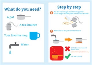 What do you need?
Step by step
A pot
Put the dried magic mushrooms powder
or the magic trufﬂes paste into the tea strainer
Add water to the pot and then heat it
DO NOT heat the water till
boiling point
Very hot water will kill the psychoactive
compounds of the magic mushrooms/trufﬂes
Just heat it a little
A tea strainer
Your favorite mug
Water
1
2
 