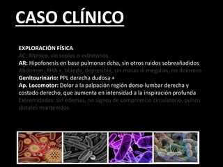 CASO CLÍNICO
EXPLORACIÓN FÍSICA
AC: Rítmico, sin soplos o extratonos
AR: Hipofonesis en base pulmonar dcha, sin otros ruidos sobreañadidos
Abdomen: RHA +, blando, depresible, sin masas ni megalias, no doloroso
Genitourinario: PPL derecha dudosa +
Ap. Locomotor: Dolor a la palpación región dorso-lumbar derecha y
costado derecho, que aumenta en intensidad a la inspiración profunda
Extremidades: sin edemas, no signos de compromiso circulatorio, pulsos
distales mantenidos
 
