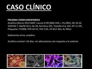 CASO CLÍNICO
PRUEBAS COMPLEMENTARIAS
Analítica Marzo 2014 MAP: Leucos 6.99 (N60.10%, L 25,20%), Hb 10.10,
VCM 83.7, HbCM 24.5, He 24, Ferritina 331, Transferrina 154, IST 11.2%,
Plaquetas 713000, PCR 10.14, TSH 2.05, Vit B12 363, Ac fólico
Sedimento orina: anodino
Analítica control +10 días: sin alteraciones con respecto a la anterior
 