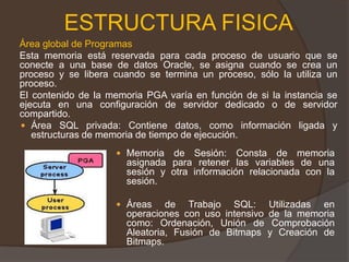ESTRUCTURA FISICAÁrea global de Programas	Esta memoria está reservada para cada proceso de usuario que se conecte a una base de datos Oracle, se asigna cuando se crea un proceso y se libera cuando se termina un proceso, sólo la utiliza un proceso. 	El contenido de la memoria PGA varía en función de si la instancia se ejecuta en una configuración de servidor dedicado o de servidor compartido. Área SQL privada: Contiene datos, como información ligada y estructuras de memoria de tiempo de ejecución. Memoria de Sesión: Consta de memoria asignada para retener las variables de una sesión y otra información relacionada con la sesión. 
