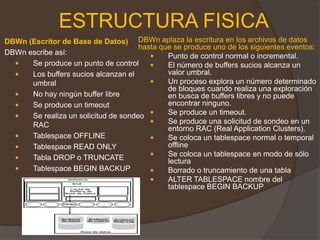 ESTRUCTURA FISICADBWn (Escritor de Base de Datos) DBWn escribe así: Se produce un punto de control Los buffers sucios alcanzan el umbral No hay ningún buffer libre Se produce un timeoutSe realiza un solicitud de sondeo RAC Tablespace OFFLINE Tablespace READ ONLY Tabla DROP o TRUNCATE Tablespace BEGIN BACKUP DBWn aplaza la escritura en los archivos de datos hasta que se produce uno de los siguientes eventos: Punto de control normal o incremental. 