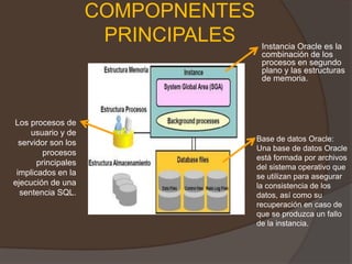 COMPOPNENTES PRINCIPALES	Instancia Oracle es la combinación de los procesos en segundo plano y las estructuras de memoria. Los procesos de usuario y de servidor son los procesos principales implicados en la ejecución de una sentencia SQL. Base de datos Oracle: Una base de datos Oracle está formada por archivos del sistema operativo que se utilizan para asegurar la consistencia de los datos, así como su recuperación en caso de que se produzca un fallo de la instancia. 