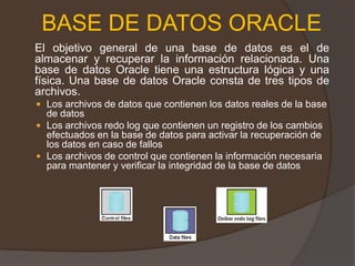 BASE DE DATOS ORACLE	El objetivo general de una base de datos es el de almacenar y recuperar la información relacionada. Una base de datos Oracle tiene una estructura lógica y una física. Una base de datos Oracle consta de tres tipos de archivos. Los archivos de datos que contienen los datos reales de la base de datos Los archivos redo log que contienen un registro de los cambios efectuados en la base de datos para activar la recuperación de los datos en caso de fallos Los archivos de control que contienen la información necesaria para mantener y verificar la integridad de la base de datos 