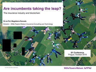 Are incumbents taking the leap?
D1 Conference
Prague, October 2018
Dr.rer.Pol. Magdalena Ramada
Director – Willis Towers Watson Insurance Consulting and Technology
© 2018 Willis Towers Watson. All rights reserved.
The insurance industry and blockchain
 