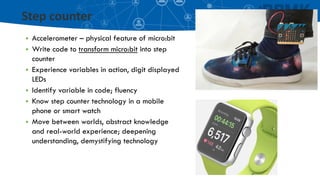Step counter
▪ Accelerometer – physical feature of micro:bit
▪ Write code to transform micro:bit into step
counter
▪ Experience variables in action, digit displayed
LEDs
▪ Identify variable in code; fluency
▪ Know step counter technology in a mobile
phone or smart watch
▪ Move between worlds, abstract knowledge
and real-world experience; deepening
understanding, demystifying technology
 