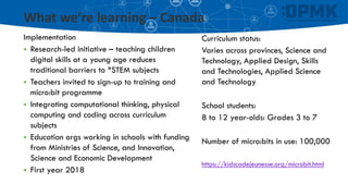 What we’re learning – Canada
Curriculum status:
Varies across provinces, Science and
Technology, Applied Design, Skills
and Technologies, Applied Science
and Technology
School students:
8 to 12 year-olds: Grades 3 to 7
Number of micro:bits in use: 100,000
https://kidscodejeunesse.org/microbit.html
Implementation
▪ Research-led initiative – teaching children
digital skills at a young age reduces
traditional barriers to *STEM subjects
▪ Teachers invited to sign-up to training and
micro:bit programme
▪ Integrating computational thinking, physical
computing and coding across curriculum
subjects
▪ Education orgs working in schools with funding
from Ministries of Science, and Innovation,
Science and Economic Development
▪ First year 2018
 