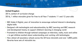 Where we started
United Kingdom
2014, context of curriculum change
2016, 1 million micro:bits given for free to all Year 7 students: 11 and 12 year-olds
▪ BBC Make It Digital, year of innovation to encourage national interest in developing
digital skills
▪ Designed with technologists and educationalists, by BBC Learning and BBC research
and development teams; to support children’s learning in changing world
▪ Promoted to children through national campaigns on television, radio, music and online
– to get children excited about understanding and working with technologies
▪ Now almost all secondary schools across the UK have micro:bits and over 1,000 public
libraries have sets of micro:bits too
 