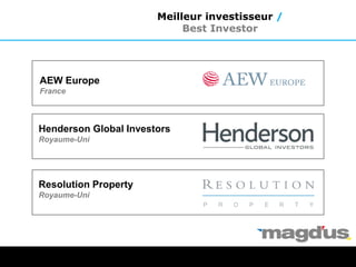 AEW Europe
France
Henderson Global Investors
Royaume-Uni
Resolution Property
Royaume-Uni
Meilleur investisseur /
Best Investor
 