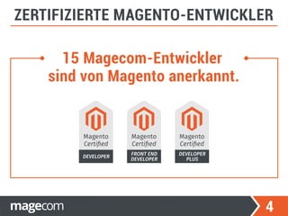 15 Magecom-Entwickler
sind von Magento anerkannt.
4
ZERTIFIZIERTE MAGENTO-ENTWICKLER
Magento
Certiﬁed
DEVELOPER
Magento
Certiﬁed
FRONT END
DEVELOPER
Magento
Certiﬁed
DEVELOPER
PLUS
 
