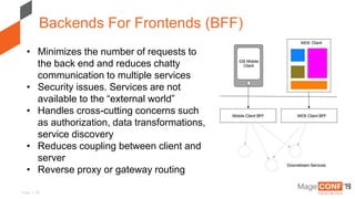 Page | 20
Backends For Frontends (BFF)
• Minimizes the number of requests to
the back end and reduces chatty
communication to multiple services
• Security issues. Services are not
available to the “external world”
• Handles cross-cutting concerns such
as authorization, data transformations,
service discovery
• Reduces coupling between client and
server
• Reverse proxy or gateway routing
 