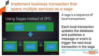 Page | 34
Implement business transaction that
spans multiple services as a saga
A saga is a sequence of
local transactions
Each local transaction
updates the database
and publishes a
message or event to
trigger the next local
transaction in the saga
https://microservices.io/patterns/data/saga.
html
 