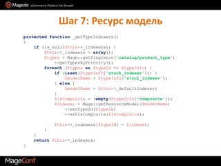 Шаг 7: Ресурс модельprotected function _getTypeIndexers()    {if (is_null($this->_indexers)) {$this->_indexers = array();$types = Mage::getSingleton('catalog/product_type')                ->getTypesByPriority();foreach ($typesas$typeId => $typeInfo) {if (isset($typeInfo['stock_indexer'])) {$modelName = $typeInfo['stock_indexer'];                } else {$modelName = $this->_defaultIndexer;                }$isComposite = !empty($typeInfo['composite']);$indexer = Mage::getResourceModel($modelName)                    ->setTypeId($typeId)                    ->setIsComposite($isComposite);$this->_indexers[$typeId] = $indexer;            }        }return$this->_indexers;    }