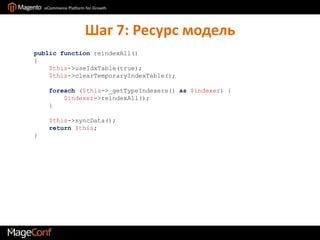 Шаг 7: Ресурс модельpublic functionreindexAll()    {$this->useIdxTable(true);$this->clearTemporaryIndexTable();foreach ($this->_getTypeIndexers() as$indexer) {$indexer->reindexAll();        }$this->syncData();return$this;    }