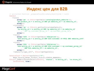 Индекс цен для B2B// protected function _prepareFinalPriceData($entityIds = null)    $select       ->join(array('pw' => $this->getTable('catalog/product_website')),'pw.product_id = e.entity_id AND pw.website_id = cw.website_id',array())->joinLeft(array('tp' => $this->_getTierPriceIndexTable()),'tp.entity_id = e.entity_id AND tp.website_id = cw.website_id'. ' AND tp.customer_group_id = cg.customer_group_id',array())       ->join(array('b2d' => $this->getTable('b2b/price')),'b2d.entity_id = e.entity_id AND b2d.customer IS NULL AND website_id=0'array())->join(array('b2w'=> $this->getTable('b2b/price')),'b2w.entity_id = e.entity_id AND b2w.customer = cg.customer_group_id'                . ' AND b2w.website_id = cw.website_id', array())        ->where('e.type_id=?', $this->getTypeId());$statusCond = $write->quoteInto('=?',Mage_Catalog_Model_Product_Status::STATUS_ENABLED);$this->_addAttributeToSelect($select, 'status', 'e.entity_id', 'cs.store_id', $statusCond, true);