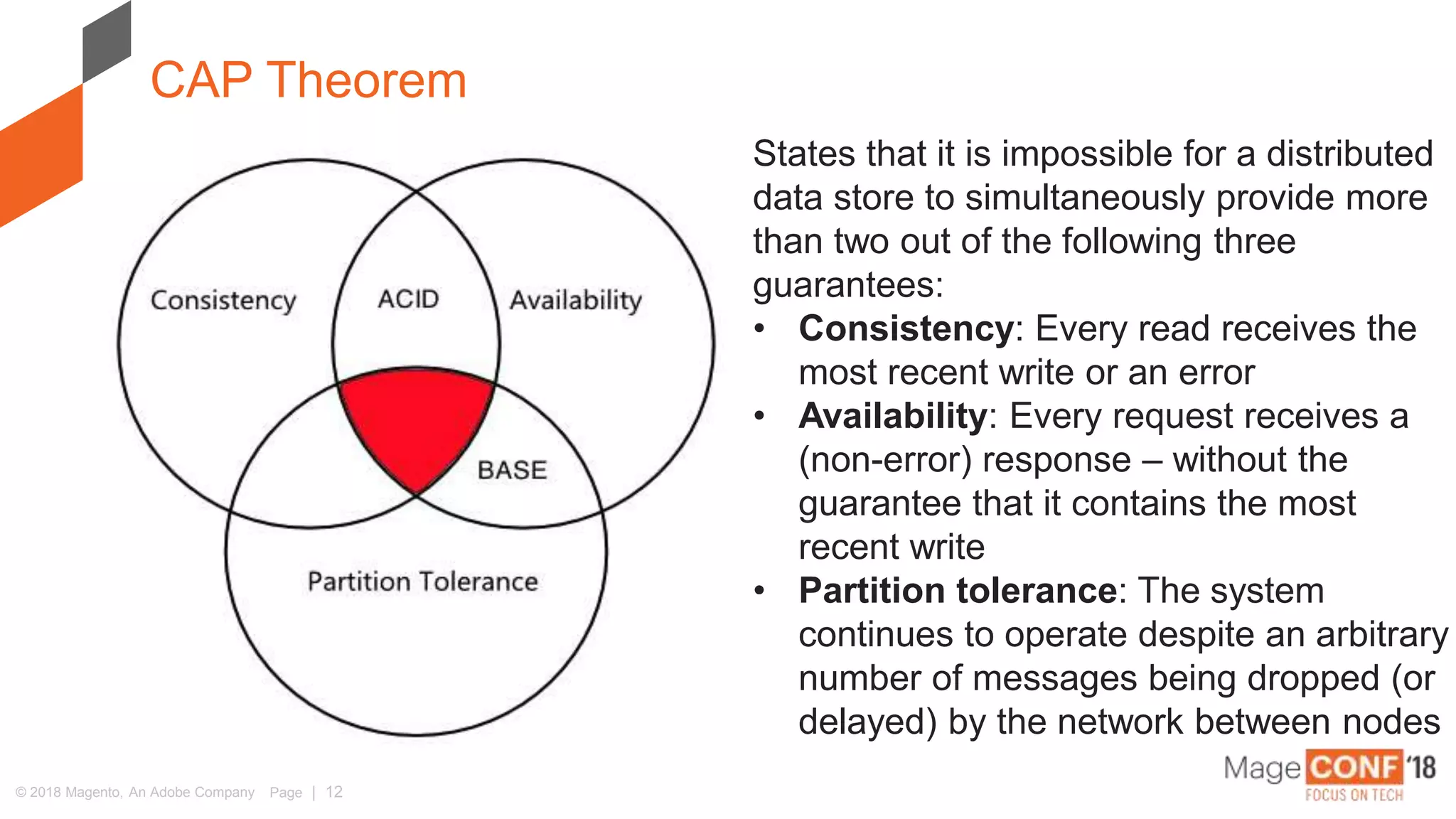 © 2018 Magento, An Adobe Company Page | 12
CAP Theorem
States that it is impossible for a distributed
data store to simultaneously provide more
than two out of the following three
guarantees:
• Consistency: Every read receives the
most recent write or an error
• Availability: Every request receives a
(non-error) response – without the
guarantee that it contains the most
recent write
• Partition tolerance: The system
continues to operate despite an arbitrary
number of messages being dropped (or
delayed) by the network between nodes
 